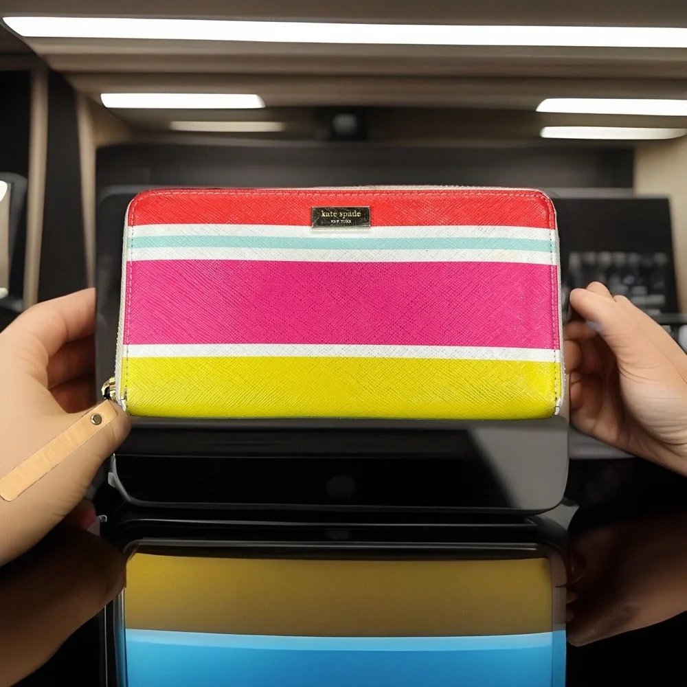 KATE SPADE Laurel Way Neda Continental Wallet Bonita Stripe Teal Fuchsia Pink